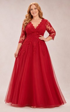 Red Plus Size V-Neck Lace Sleeve Wedding Dress