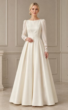 Robe de mariée sobre en satin, coupe trapèze, longueur au sol, décolleté bateau, manches longues, style Quiet Reverence
