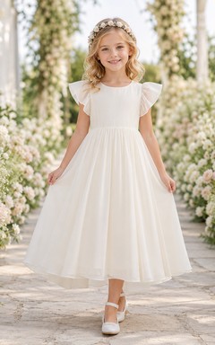 Elegant Romantic Chiffon Jewel Neck Petal Sleeve Tea-Length A-Line Garden Flower Girl Dress