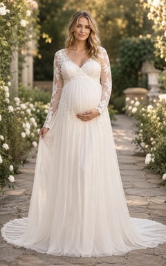 Vestido de novia premamá de manga larga con corpiño de encaje, corte A, falda de tul estilo jardín con espalda en V.