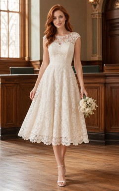 Vestido de novia vintage de encaje, corte en A, cuello joya, mangas cortas, largo midi.