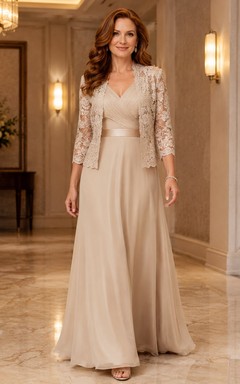 Elegantes champagnerfarbenes Spitzenjäckchen, bodenlanges Chiffon-Kleid in A-Linie mit V-Ausschnitt