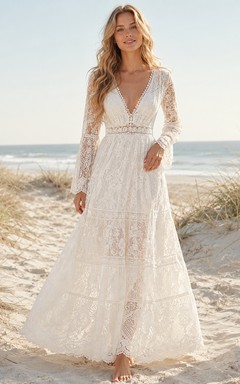 Vestido de novia bohemio romántico de corte A, largo hasta el suelo, con escote en V y mangas largas, de encaje completo, estilo bohemio, ideal para bodas en la playa.