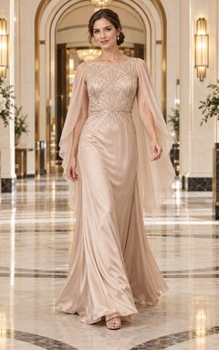 Vintage Champagnerfarbenes Etuikleid mit U-Boot-Ausschnitt, Satin, Chiffon, Cape-Ärmeln, geometrischer Perlenstickerei und langem Brautjungfernkleid