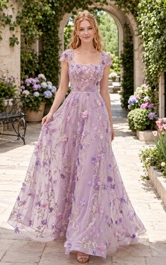 Robe de mariée champêtre en organza à bretelles fleuries lavande, coupe trapèze, style jardin