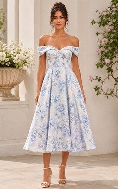 Blue Floral Off-the-Shoulder Tea-Length Garden Party Dress with Sweetheart Bodice