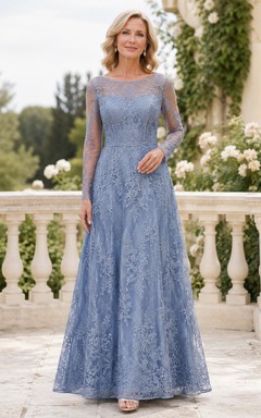 Steel Blue Romantic A-Line Floor-Length Mother of the Bride Dress with Long Illusion Sleeves and Floral Lace