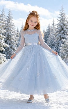 Elegant A-Line Flower Girl Dress with Square Neck Illusion Long Sleeves Sky Blue Tulle Court Ceremony