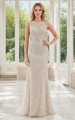 Vestido de novia sencillo de encaje sin mangas con escote barco y largo hasta el suelo