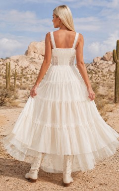 Tiered High-Low A-Line Bridal Dress with Square Neck Straps and Ruffle Skirt Romantic Casual