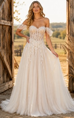 Robe de mariée rustique à corset en dentelle à épaules dénudées et taille basse