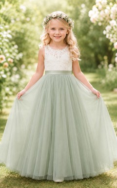 Vestido de niña de las flores color salvia, encaje, tul, corte en A, cuello joya, largo hasta el suelo, detalle de fajín