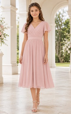 Zartrosa Brautjungfernkleid für junge Damen, A-Linie, V-Ausschnitt, kurze Ärmel, plissiert