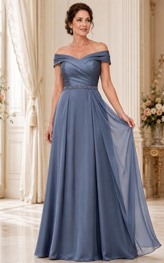 Elegant Slate Blue Off Shoulder Beaded Chiffon A Line Mother Gown