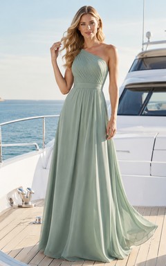 Sage Yacht A-Line Chiffon Bridesmaid Dress with Sleeveless One-Shoulder Bodice, Pleated Floor-Length Skirt and Low V Back