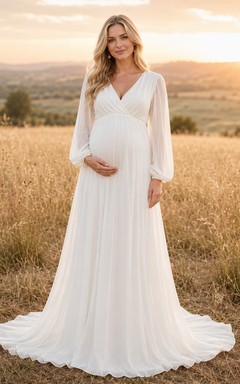Maternity Wedding Dress V-Neck Long Sleeve Simple Chiffon A-Line Bridal Gown