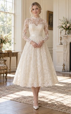 Robe de mariée vintage modeste, longueur thé, col montant, manches longues, dentelle florale