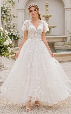 Fairy Wedding A-Line Lace Tulle V-Neck Flutter Sleeve Floral Applique Ankle-Length Dress