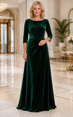 Dunkelgrünes Samtkleid in A-Linie mit 3/4-Ärmeln
