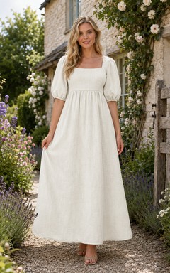 Loose Casual Square Neck Linen Cottage Bridal Dress