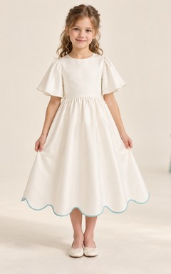 Modest Ivory Tea-length Broad Flutter Sleeve Aqua Piped Scalloped Satin Flower Girl Dress
