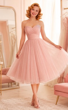 Blushing-Pink Romantic Strapless Tulle Pleated A-Line Tea-Length Party Dress