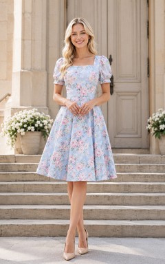 Light Blue Floral Square Neck Puff Sleeve Sunday Service Dress