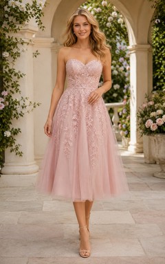 Blushing Pink Tea-Length Tulle Dress with Strapless Bodice and Lace Applique