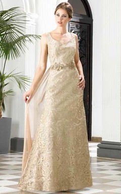 A-Line Floor-Length V-Neck Sleeveless Lace Waist Jewellery Detachable Train Low-V Back Dress