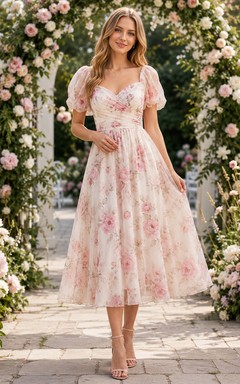 Pink Floral Puff Sleeve Garden Guest Midi Dress