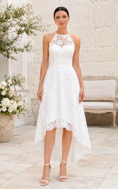 Simple Halter Sleeveless Tea-length A-line Lace Garden Dress
