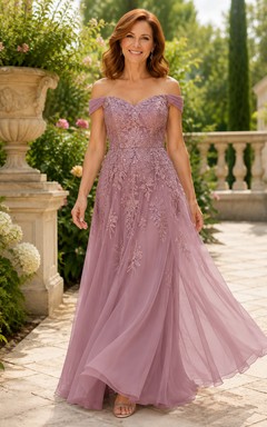 Dusty Rose Off Shoulder Tulle A-Line Mother Dress With Lace Appliques