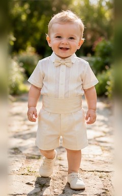Traje de bautizo de manga corta con pajarita y pliegues color marfil para bebé niño