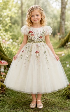 Vestido de niña de flores color marfil con mangas abullonadas y corte en A, con falda de tul hasta la rodilla bordada con setas.