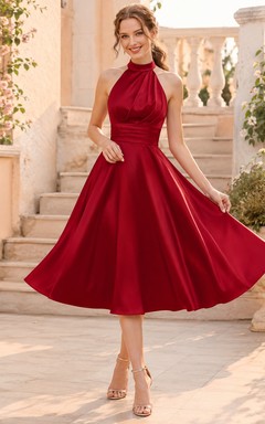 Red High Neck Halter Satin Tea-Length Reception Wedding Dress