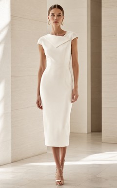Simple Bateau Neck Cap Sleeve Sheath Tea Length Wedding Dress