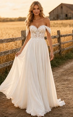 Brautkleid im Landhausstil aus Chiffon und Spitze, A-Linie, schulterfrei, mit Schleppe