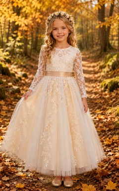 Elegant A-Line Flower Girl Dress with High Neck Long Sleeve Ivory Lace Tulle Autumn Ceremony