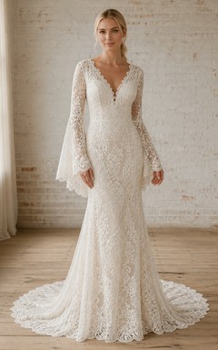 Vestido de novia bohemio de sirena con escote en V y mangas largas, largo hasta el suelo, con volantes festoneados.