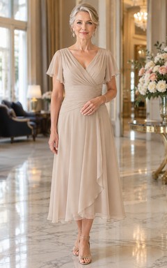 Taupefarbenes, schlichtes, elegantes Chiffonkleid in Teelänge mit V-Ausschnitt, flatternden Ärmeln und asymmetrischem Drapierungseffekt – ideal für die Mutter der Braut.