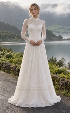 Vestido de novia de corte A con cuello alto, manga larga, encaje y tul con pliegues