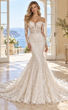 Mermaid Long Sleeve Off Shoulder Lace Corset Bridal Wedding Dress