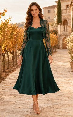 Formal Elegant Dark Green Lace Bolero Satin Midi Guest Dress