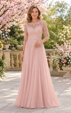 Mutterkleid aus Chiffon mit A-Linie, rosafarbenem Spitzenoberteil und langen Ärmeln