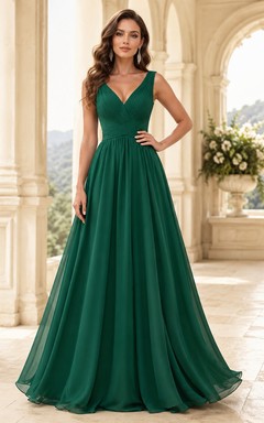 Dunkelgrünes Chiffon-Abendkleid in A-Linie mit V-Ausschnitt
