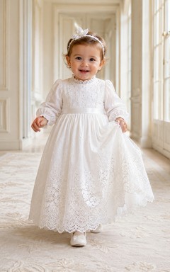 Regal Baby Baptism Christening Ceremony Gown A-Line Tea-Length Jewel Neck Puff Sleeve Tulle Lace Bow Back Button Back