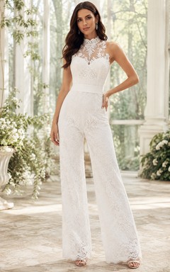 Mono de boda largo hasta el suelo, sin mangas, con cuello halter, encaje integral, cremallera en la espalda y perneras anchas.
