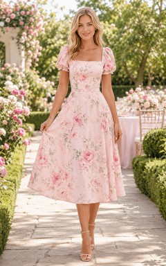 Pink Floral Square Neck Puff Sleeve Midi Garden Party Dress