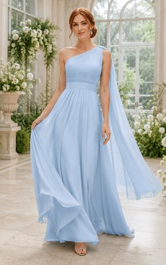 Vestido formal de gasa azul cielo de un solo hombro, corte en A con panel drapeado