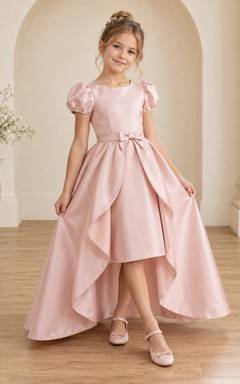 High-low Blush Puff Sleeve Bow Layered Satin Flower Girl Dress